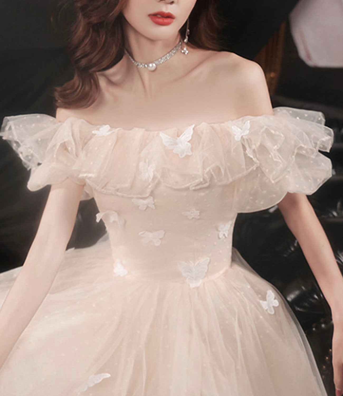 Champagne tulle long prom dress A line evening dress HZ1023