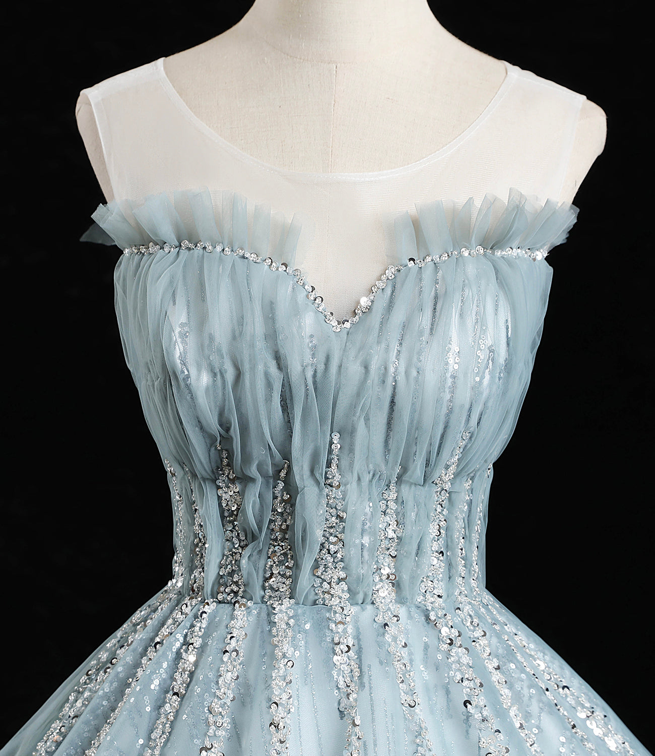 Blue tulle sequins long prom dress A line formal dress HZ1023