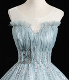 Blue tulle sequins long prom dress A line formal dress HZ1023