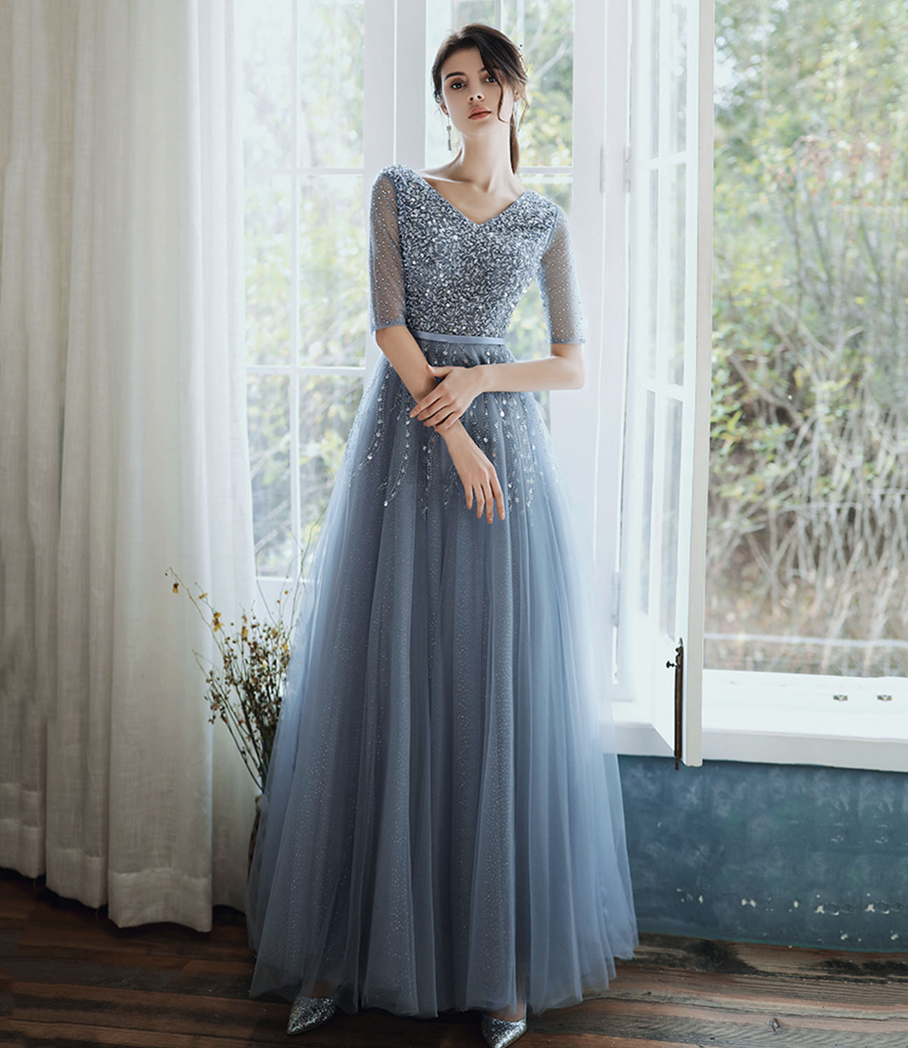 Blue tulle beads long prom dress A line evening gown HZ1023