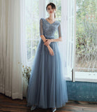 Blue tulle beads long prom dress A line evening gown HZ1023