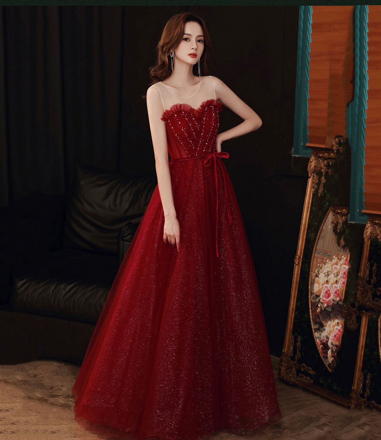 Burgundy tulle sequins long prom dress A line evening dress HZ1023