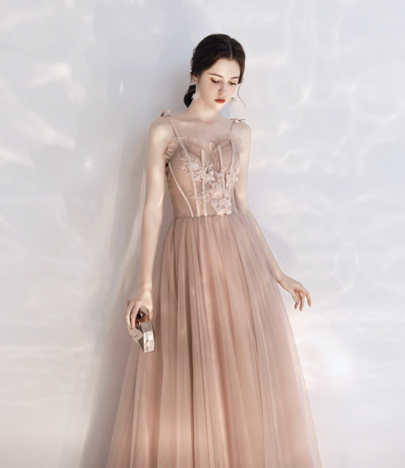 Stylish tulle lace long prom dress A line evening dress HZ1023