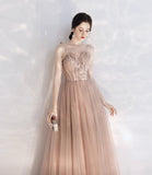 Stylish tulle lace long prom dress A line evening dress HZ1023