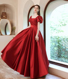 Red satin long A line prom dress red evening dress HZ1023
