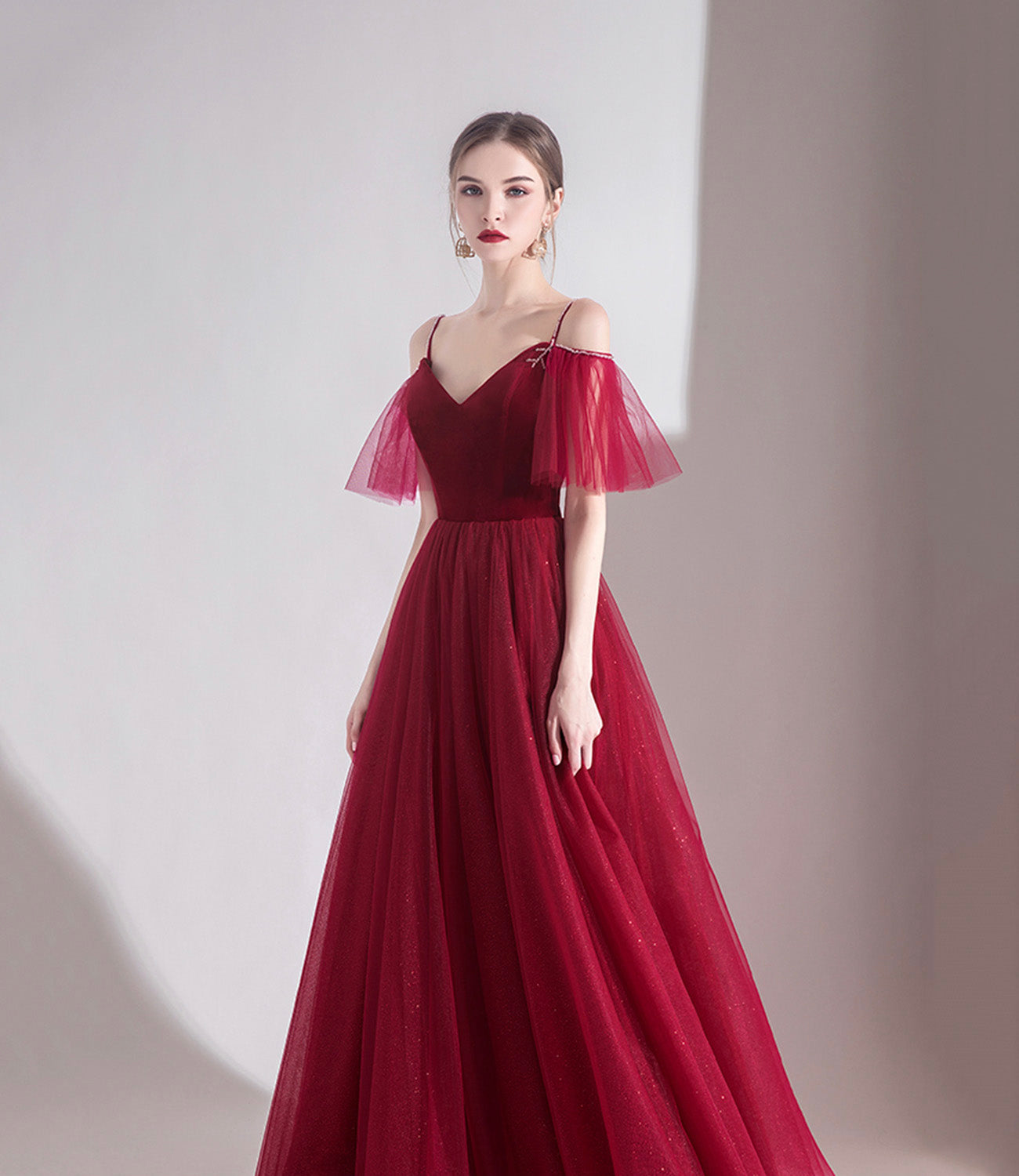 Bugundy velet tulle long prom dress A line evening dress HZ1023