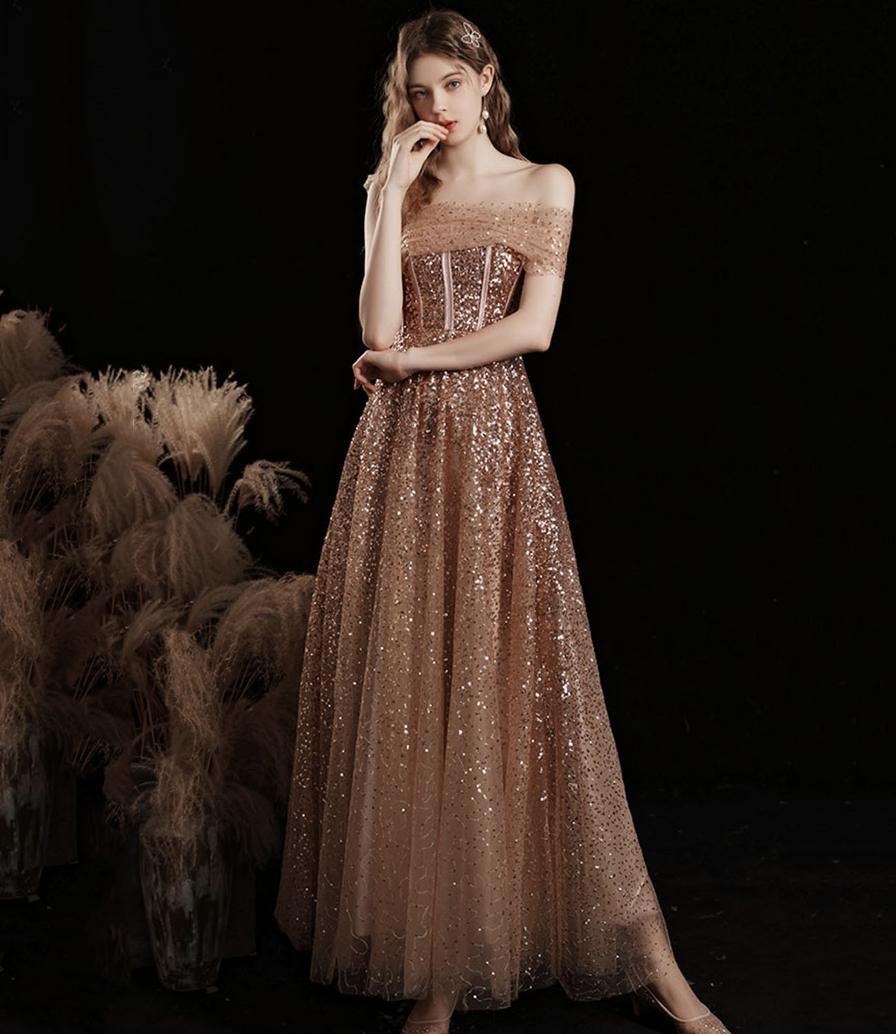 Shiny tulle sequins tea length prom dress evening dress HZ1023