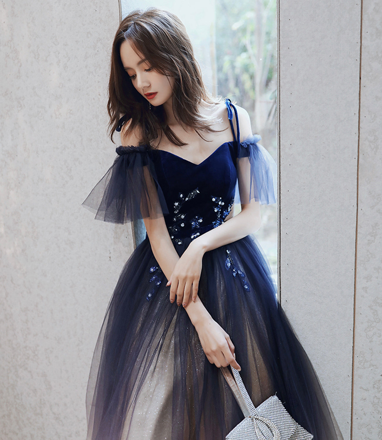 Blue velvet tulle long prom dress A line evening dress HZ1023