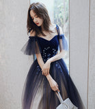 Blue velvet tulle long prom dress A line evening dress HZ1023