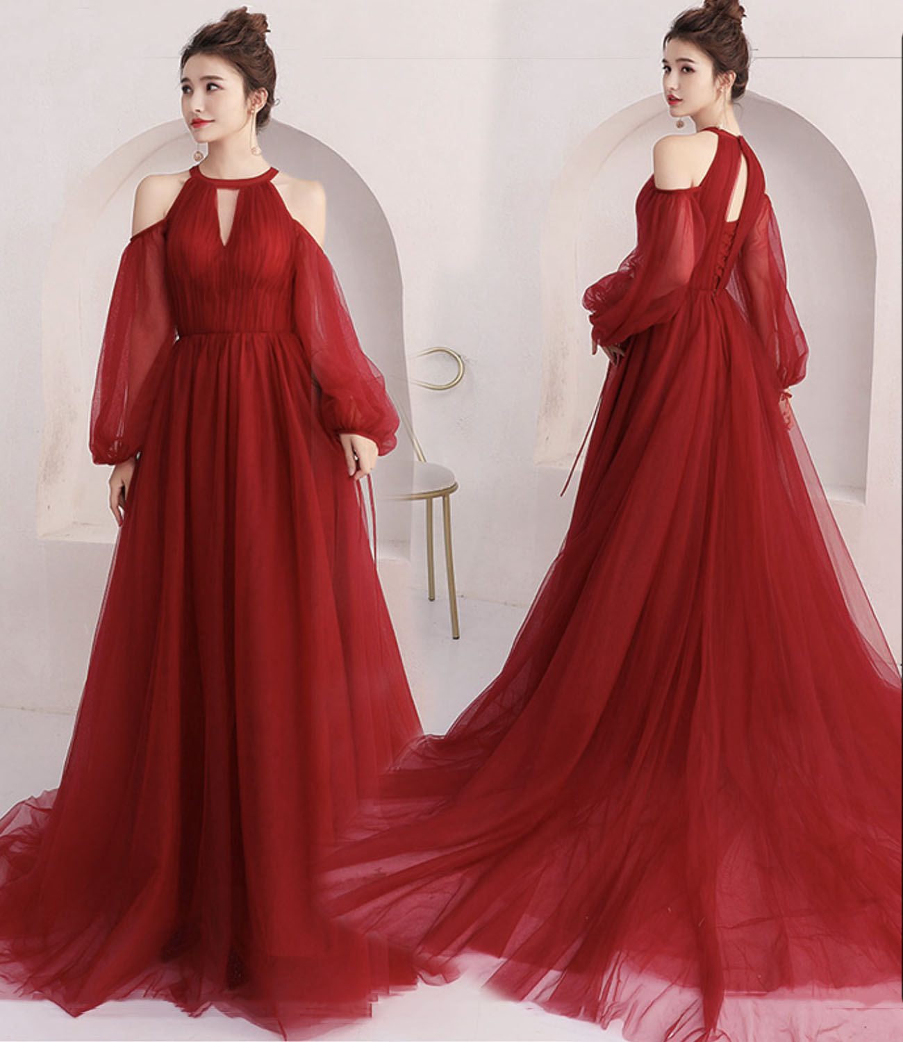 Red tulle long prom dress A line evening dress HZ1023