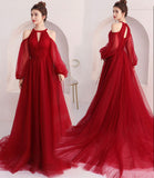 Red tulle long prom dress A line evening dress HZ1023