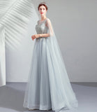 Gray tulle lace long prom dress A line evening dress HZ1023