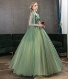 Green tulle lace long prom dress A line evening gown HZ1023