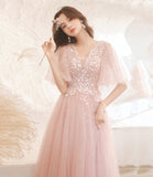 Pink tulle lace long prom dress pink evening dress HZ1023