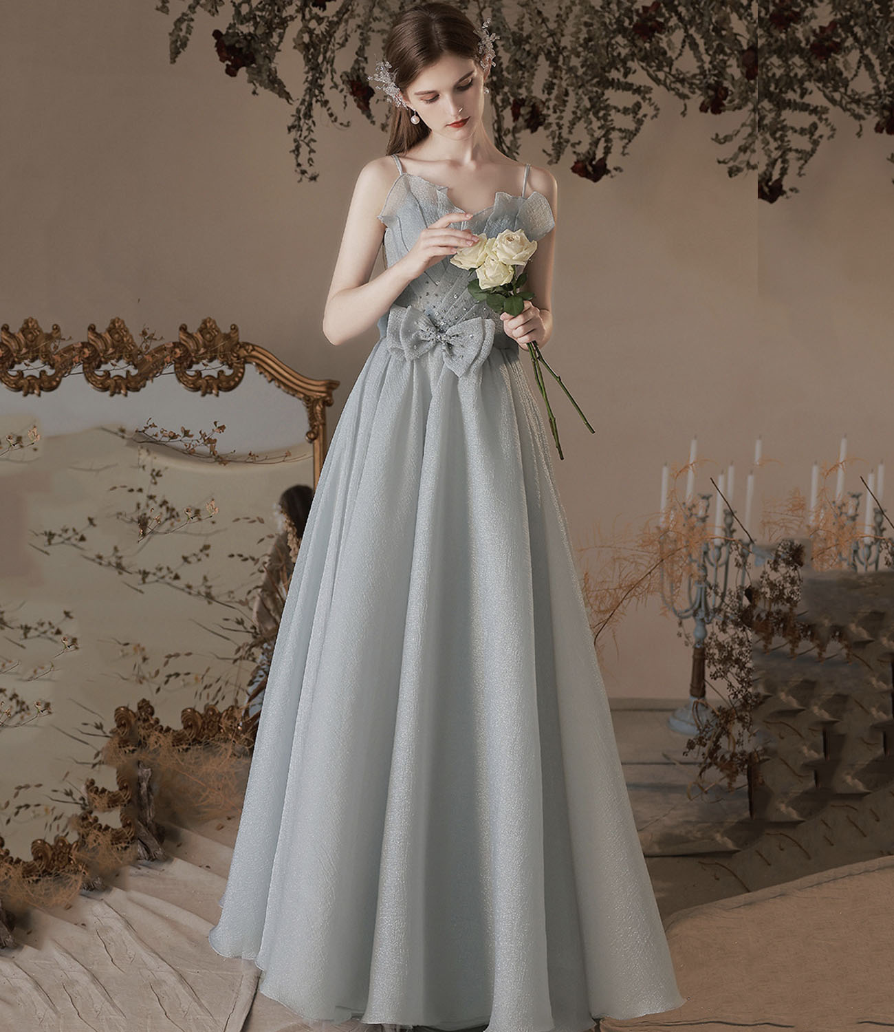 Gray soft chiffon long prom dress A line evening dress HZ1023