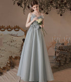 Gray soft chiffon long prom dress A line evening dress HZ1023
