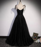 Black tulle beads long prom dress A line evening dress HZ1023