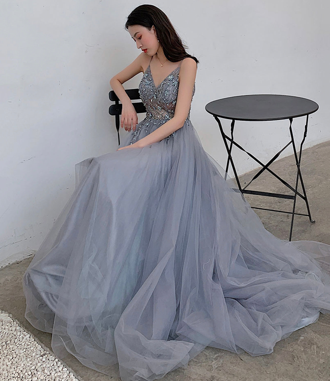 Blue tulle beads long prom dress blue evening dress HZ1023