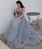 Blue tulle beads long prom dress blue evening dress HZ1023