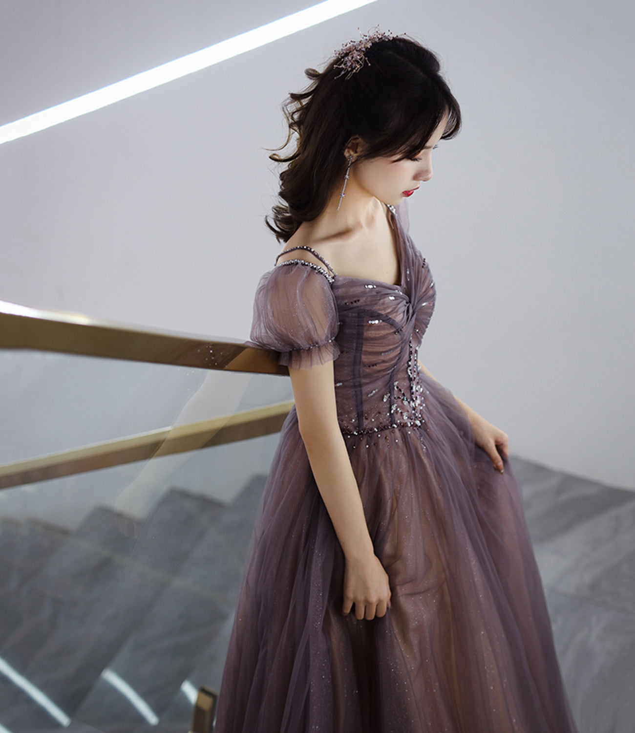 Cute tulle beads long prom dress A line evening dress HZ1023