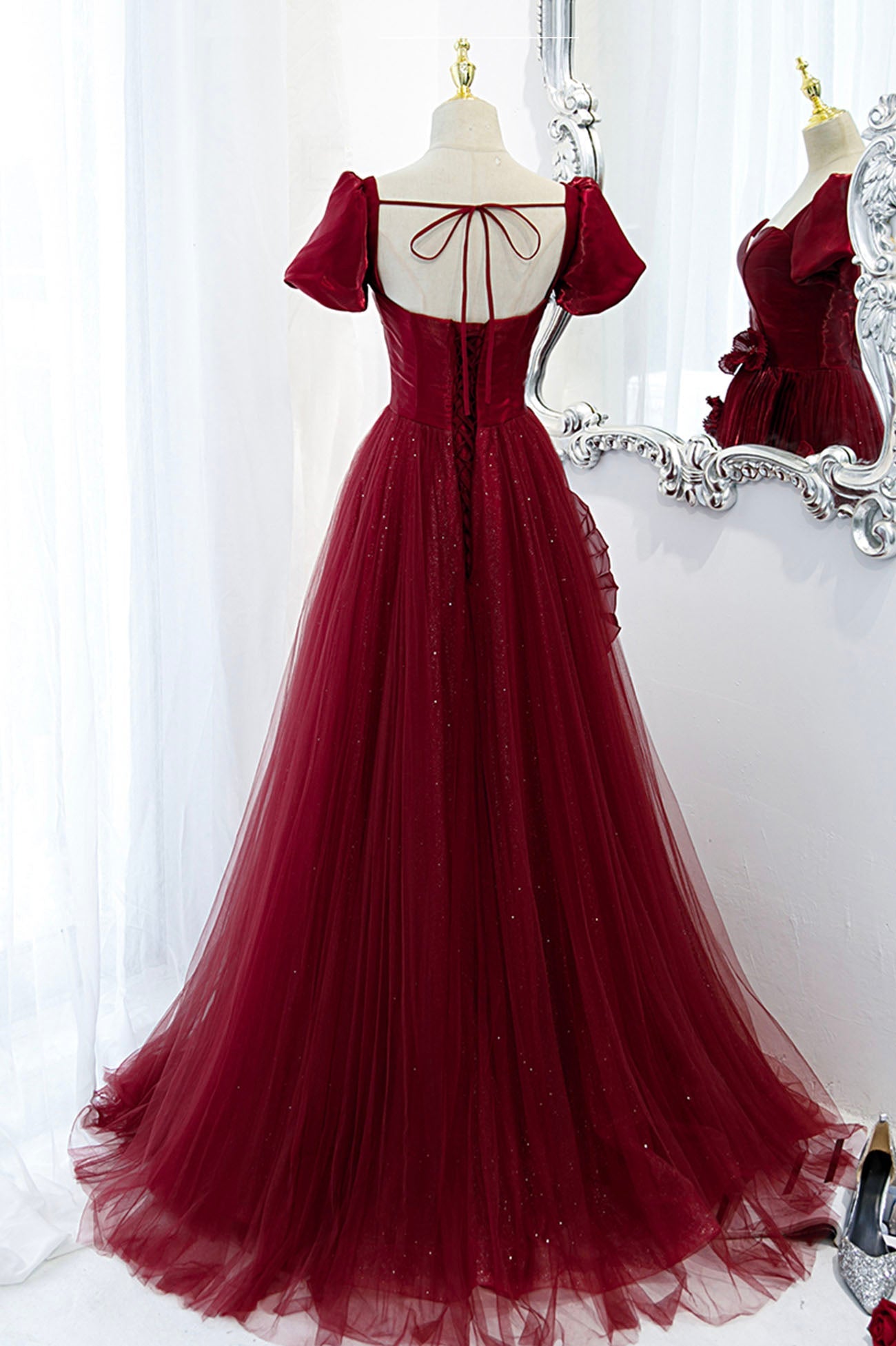 Burgundy satin tulle long prom dress evening dress HZ1023