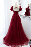 Burgundy satin tulle long prom dress evening dress HZ1023