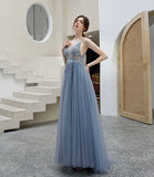 Gray tulle beads long prom dress A line evening dress HZ1023
