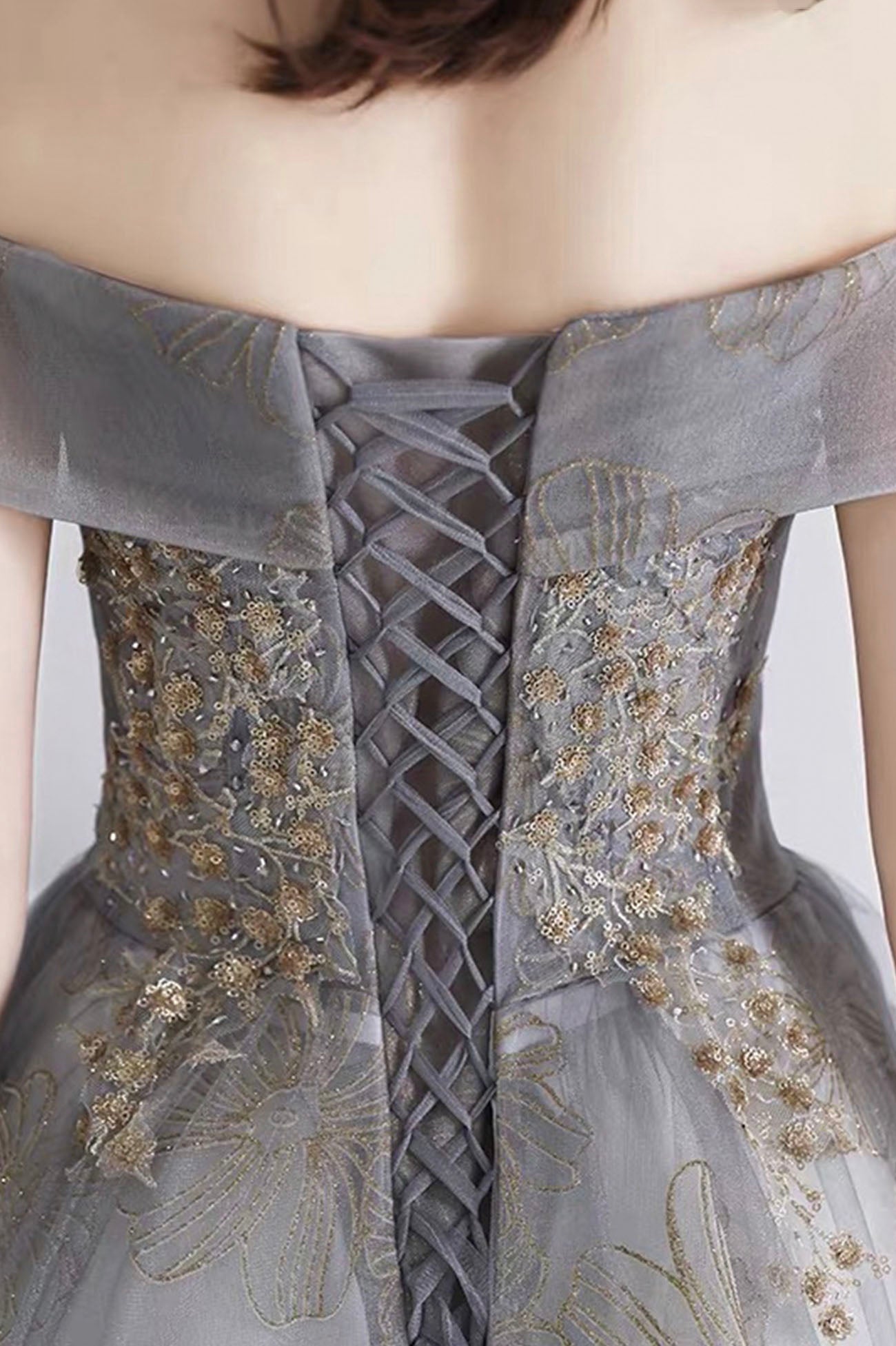 Gray tulle sequins long prom dress evening dress HZ1023