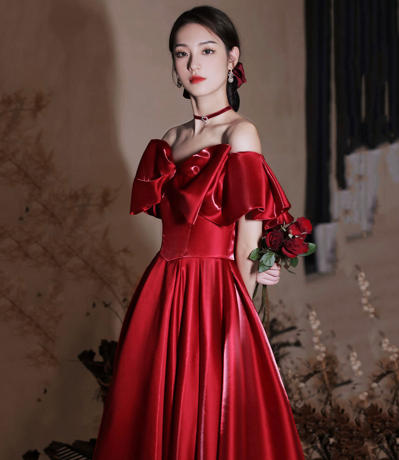 Red satin long prom dress A line evening dress HZ1023