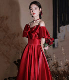 Red satin long prom dress A line evening dress HZ1023