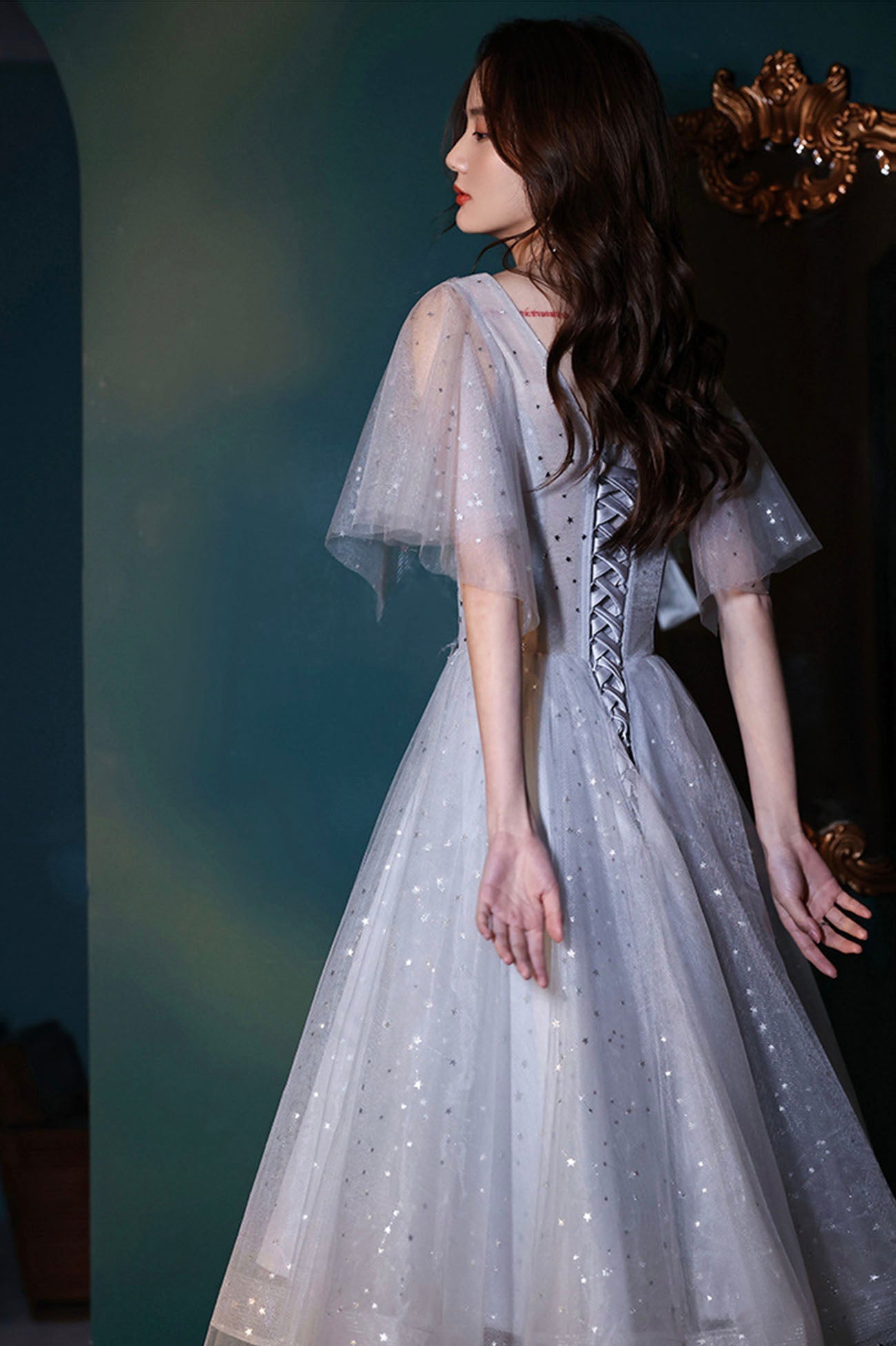 Gray tulle sequins short prom dress homecoming dress HZ1023