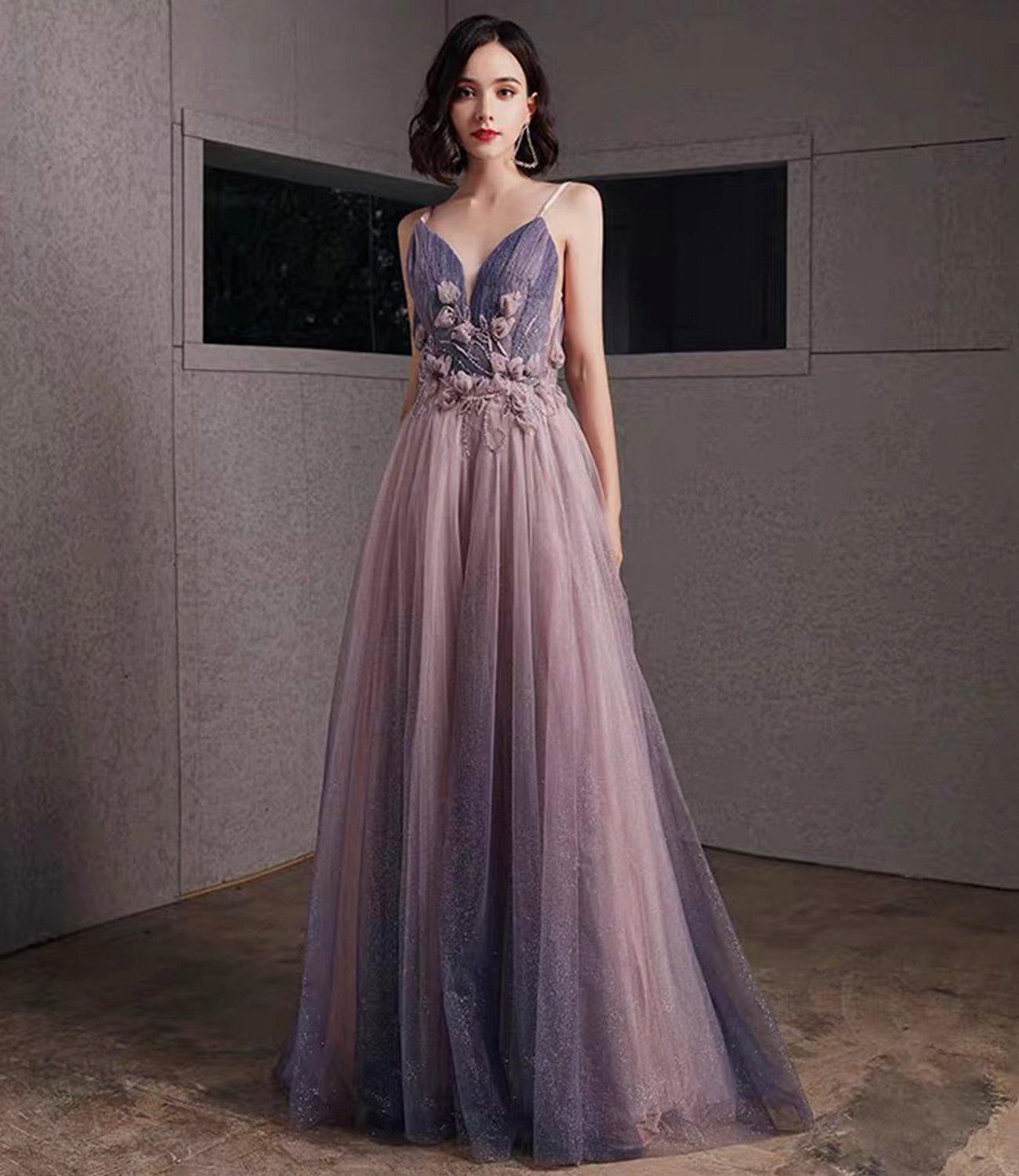 Purple tulle sequins long prom dress A line evening gown HZ1023