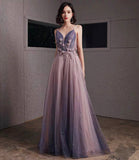 Purple tulle sequins long prom dress A line evening gown HZ1023