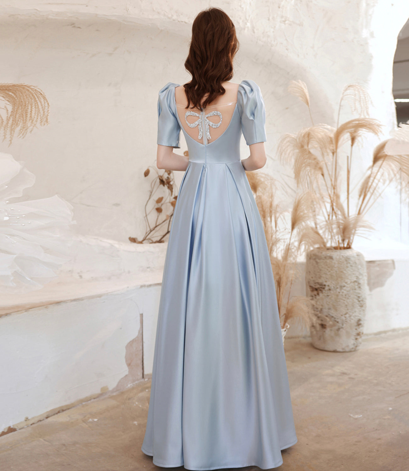 Cute satin long prom dress blue evening dress HZ1023