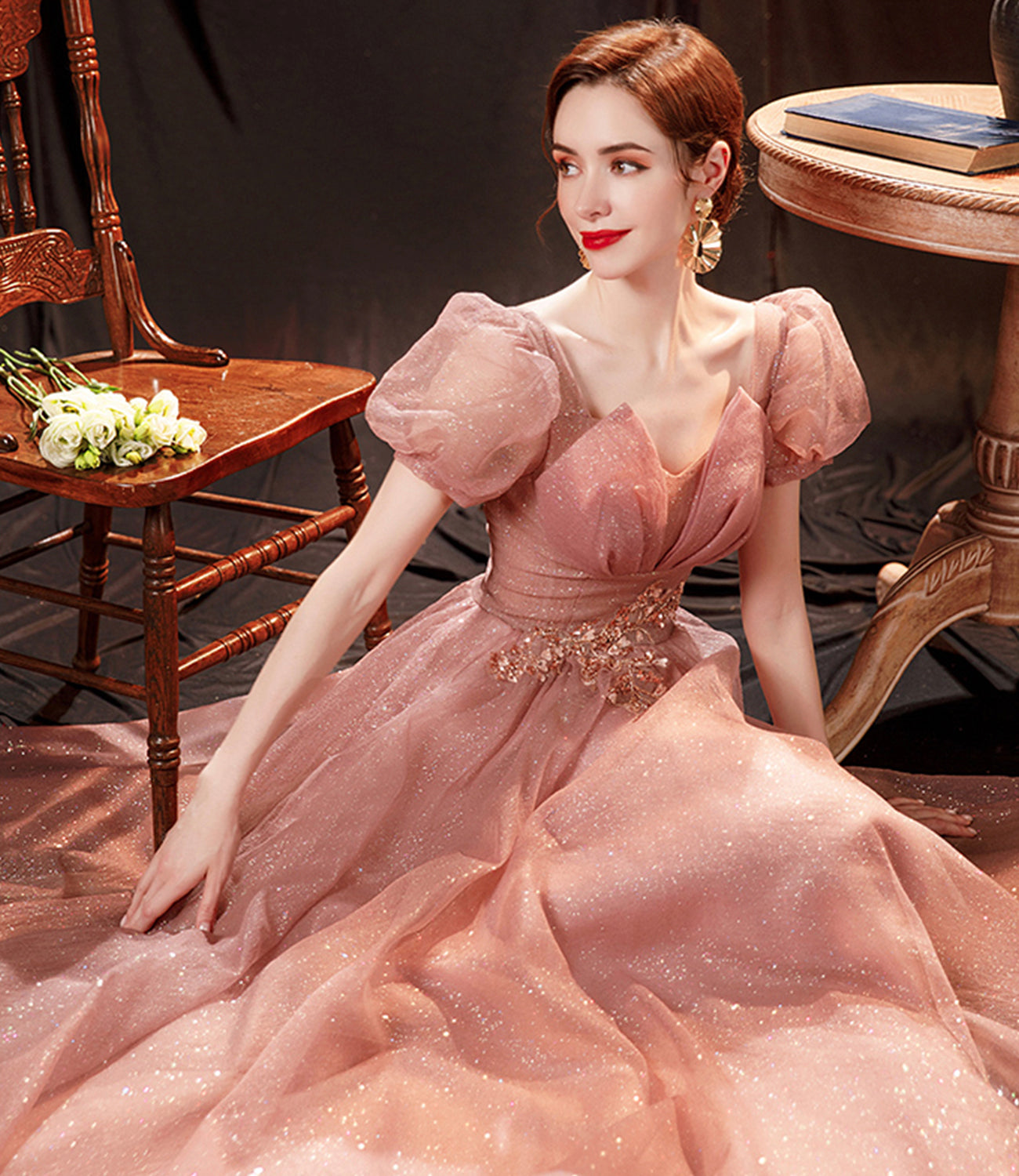 Pink tulle sequins long prom dress pink evening dress HZ1023