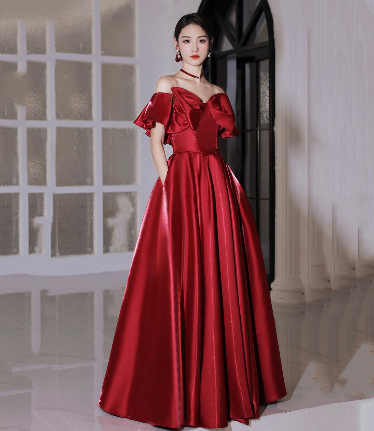Red satin long prom dress A line evening dress HZ1023