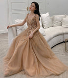 Cute A line v neck lace long prom dress evening dress HZ1023