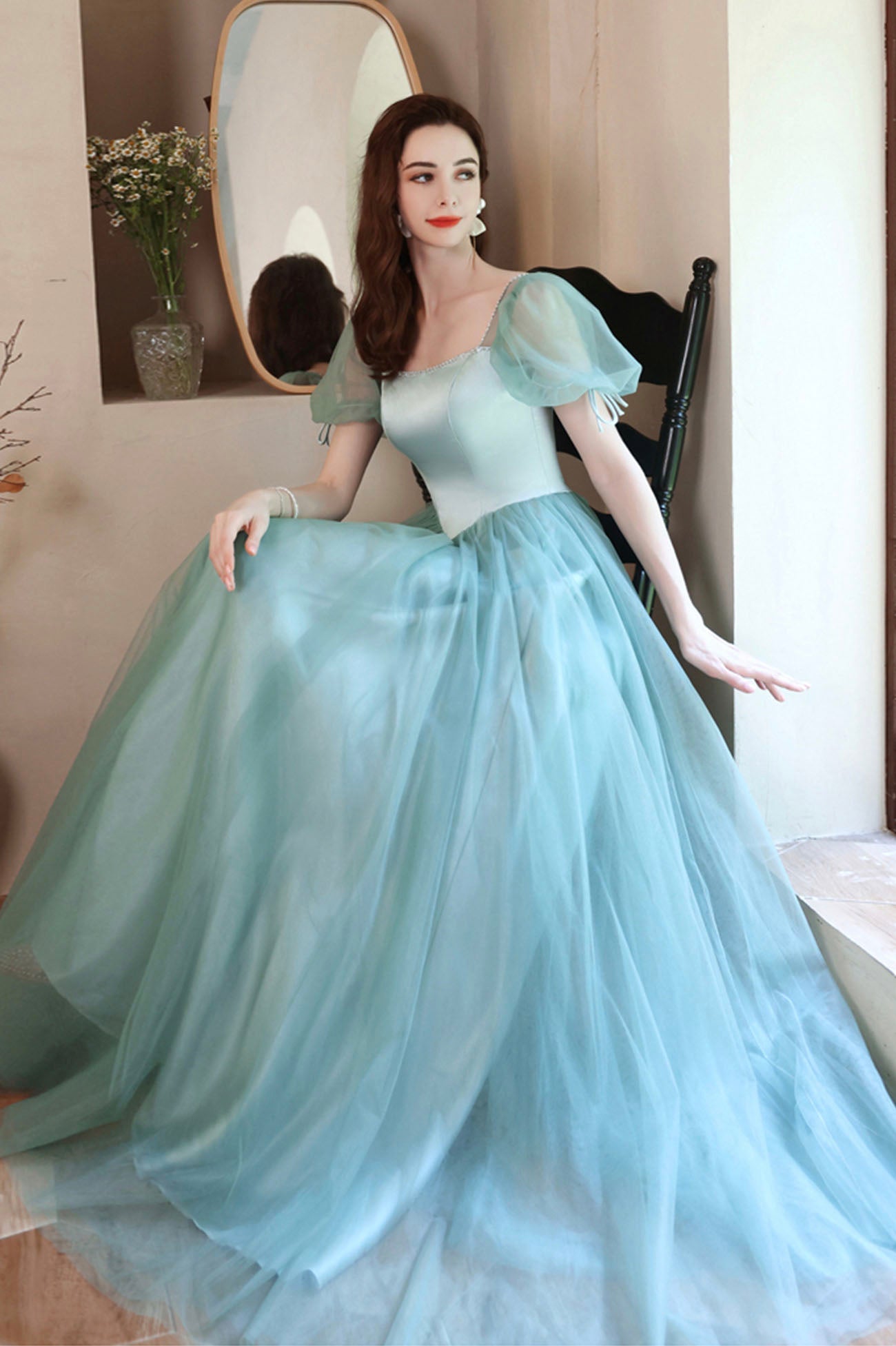 Green satin tulle long prom dress green evening dress HZ1023