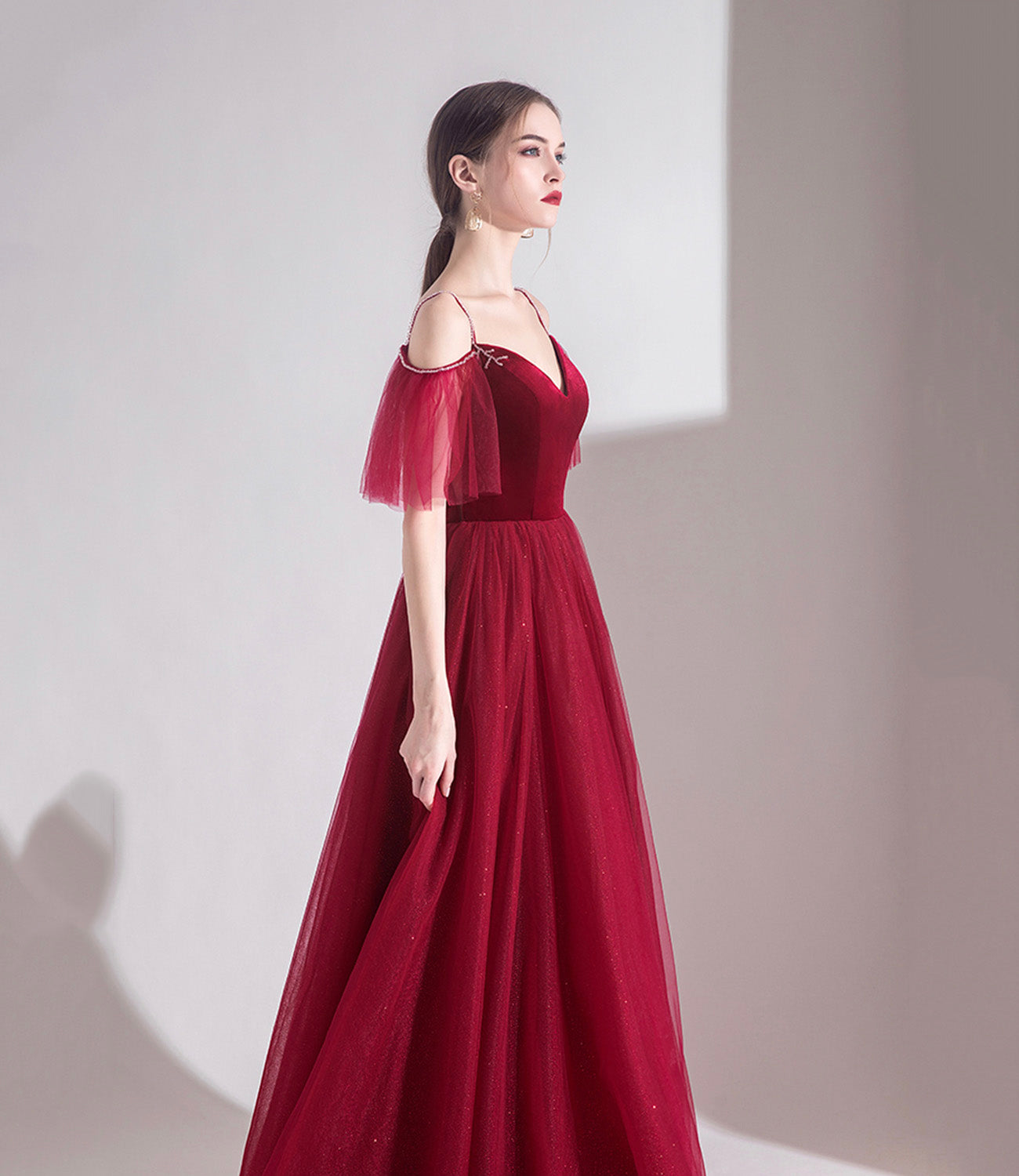 Bugundy velet tulle long prom dress A line evening dress HZ1023