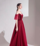 Bugundy velet tulle long prom dress A line evening dress HZ1023