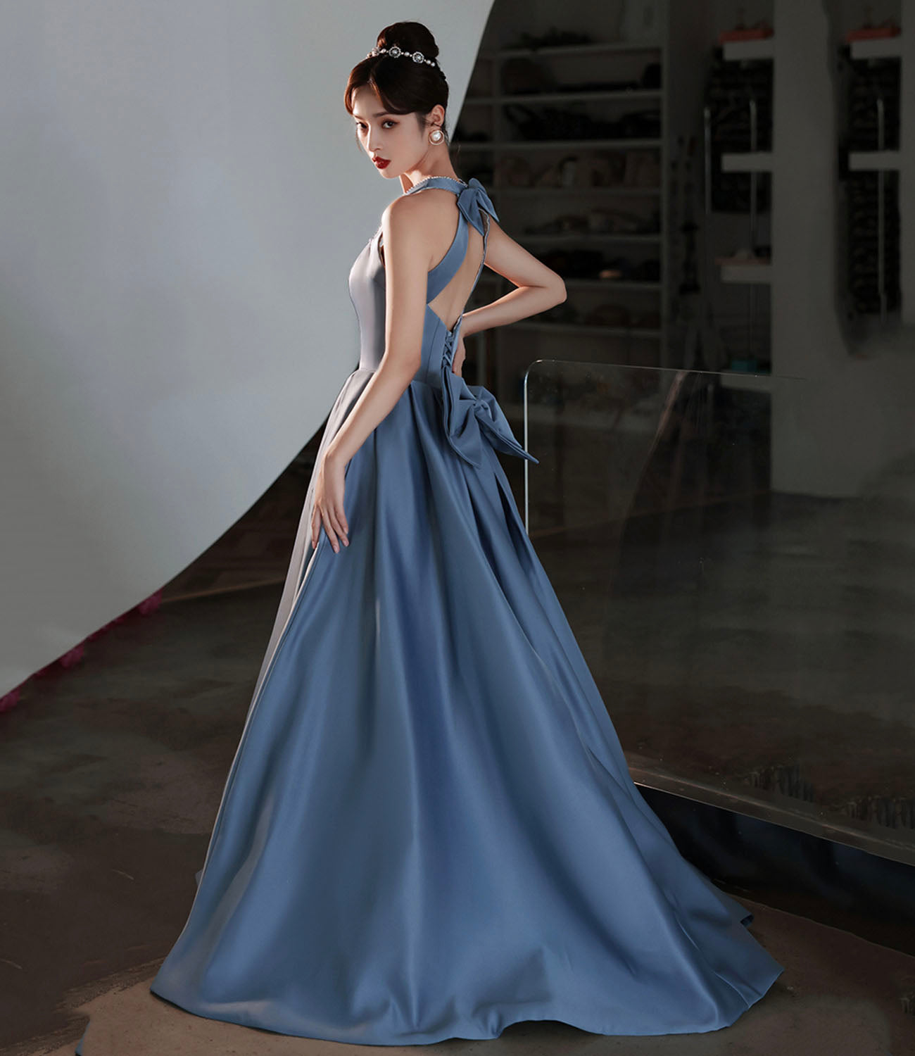 Blue satin long prom dress A line evening dress HZ1023