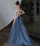 Blue satin long prom dress A line evening dress HZ1023
