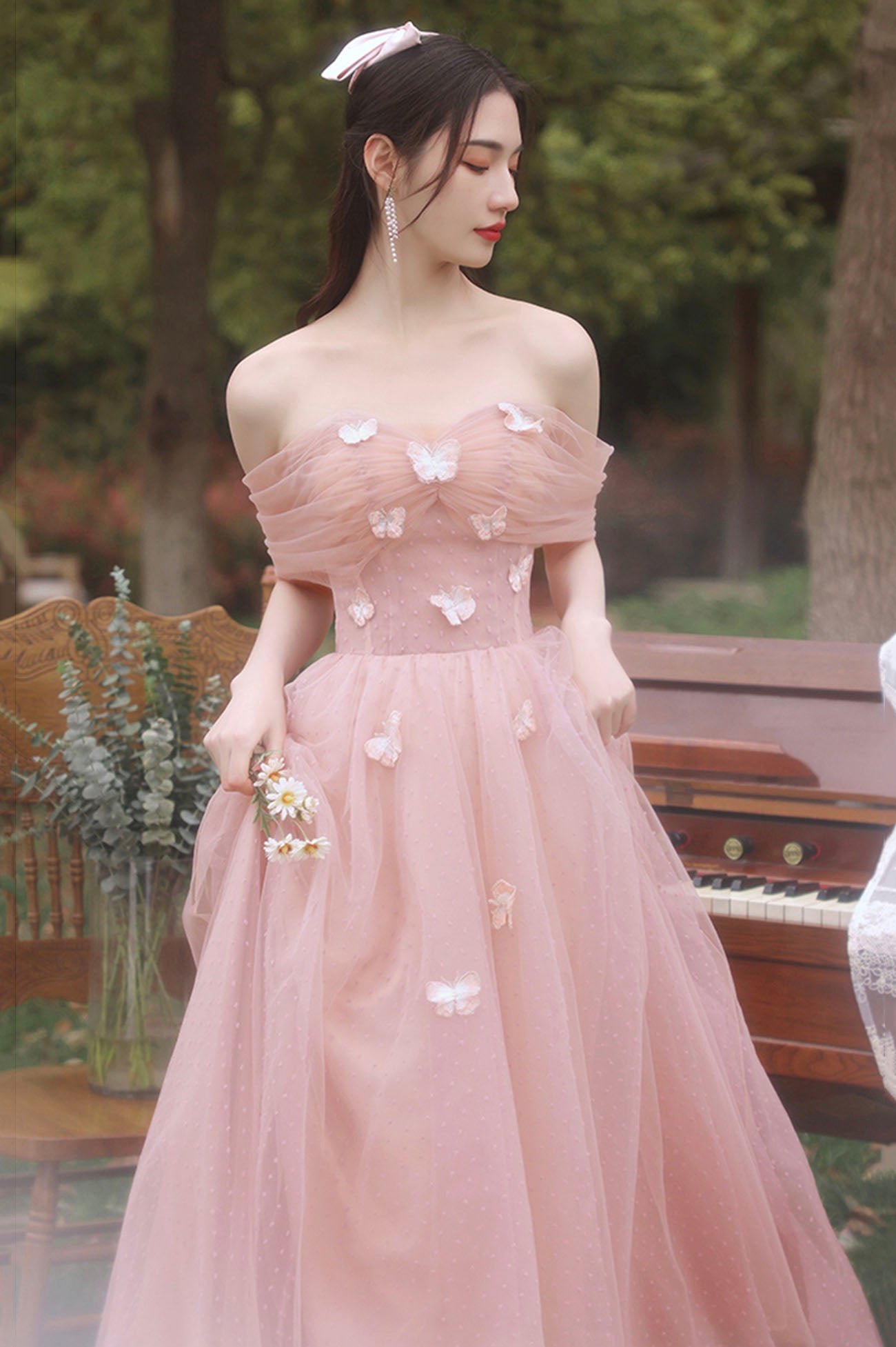Pink tulle long prom dress A line evening dress HZ1023