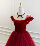 Burgundy velvet tulle long prom dress A line evening gown HZ1023