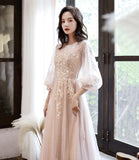 Pink Elegant Fashion A-line Lace Long sleeves Long Tulle Ball Gown Evening Gown Bridesmaid Dress HZ1023