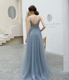 Gray tulle beads long prom dress A line evening dress HZ1023