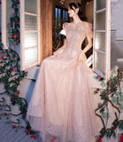 Pink tulle beads long prom dress A line evening dress HZ1023