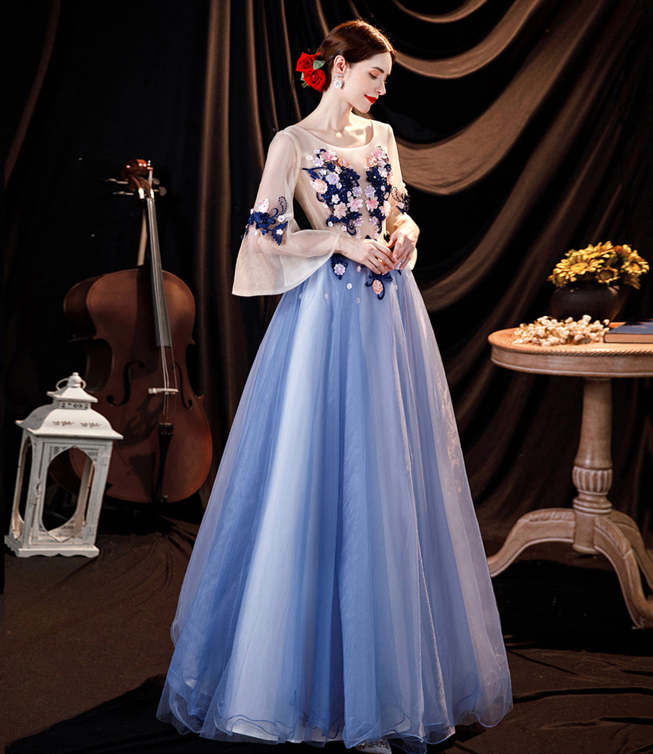 Blue tulle applique long prom dress blue evening dress HZ1023