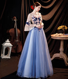Blue tulle applique long prom dress blue evening dress HZ1023