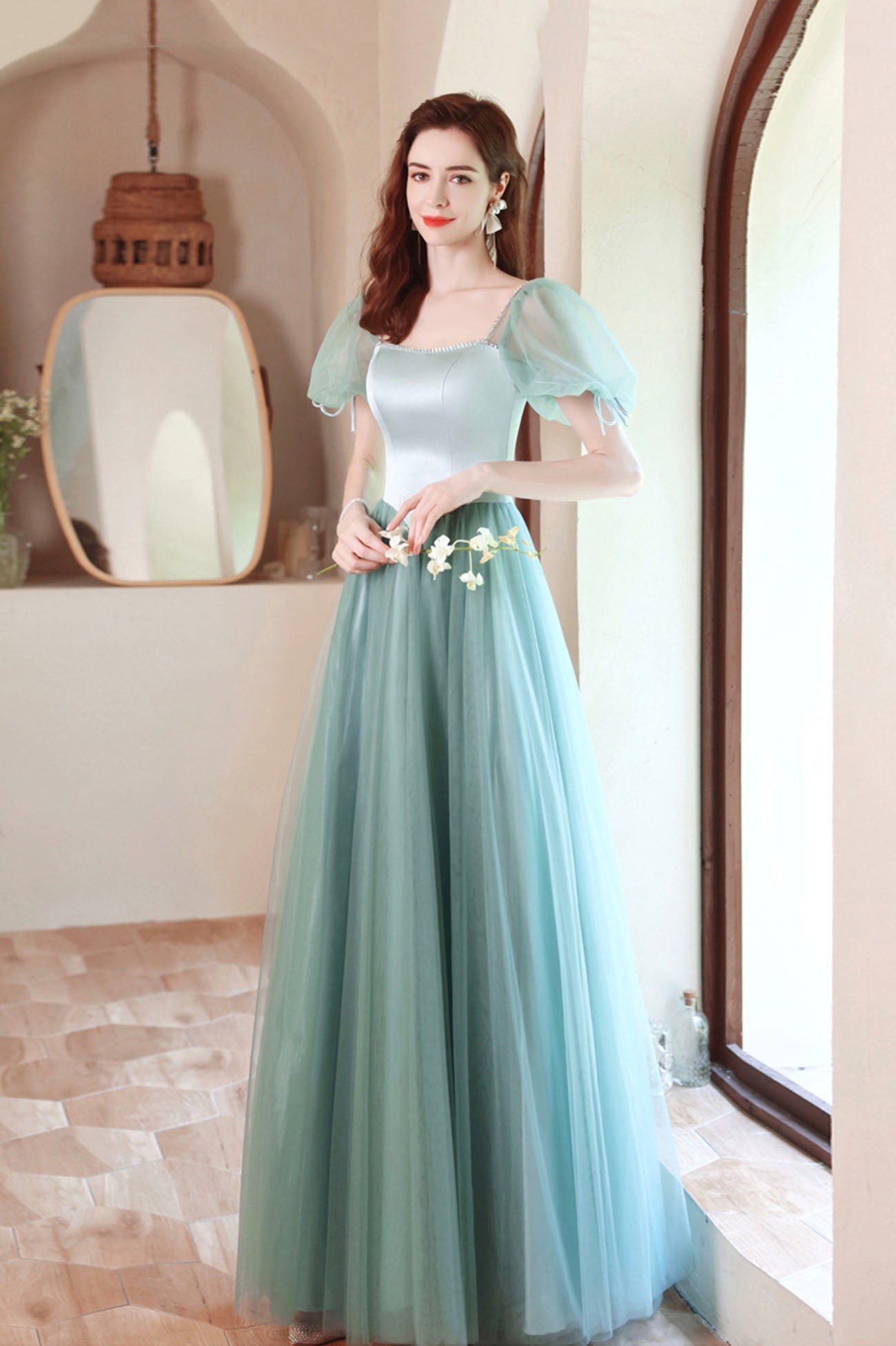 Green satin tulle long prom dress green evening dress HZ1023
